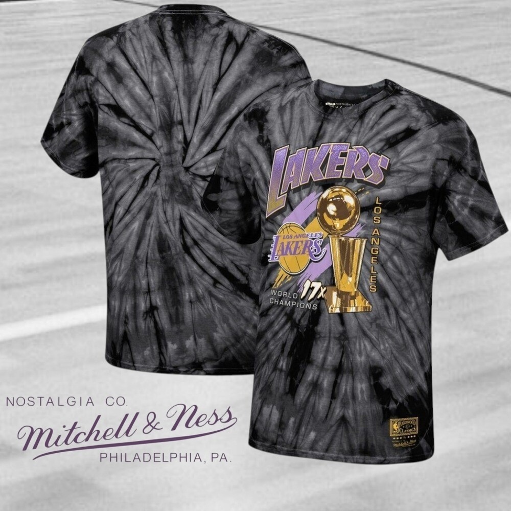 Mitchell & Ness Mens Los Angeles Lakers 17X Trophy T-Shirt Black Tie Dye S